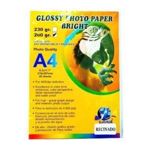 Papel Fotográfico Brillante 260g con Recubrimiento de Resina A4 - Paquete de 20 Hojas